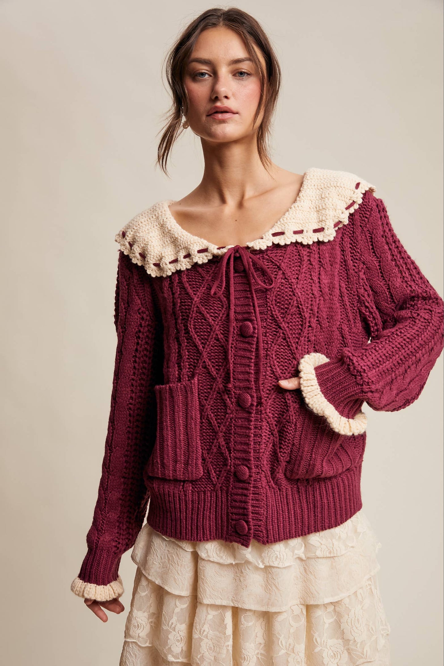 Two-Tone Crochet Collar Cable Knit Cardigan