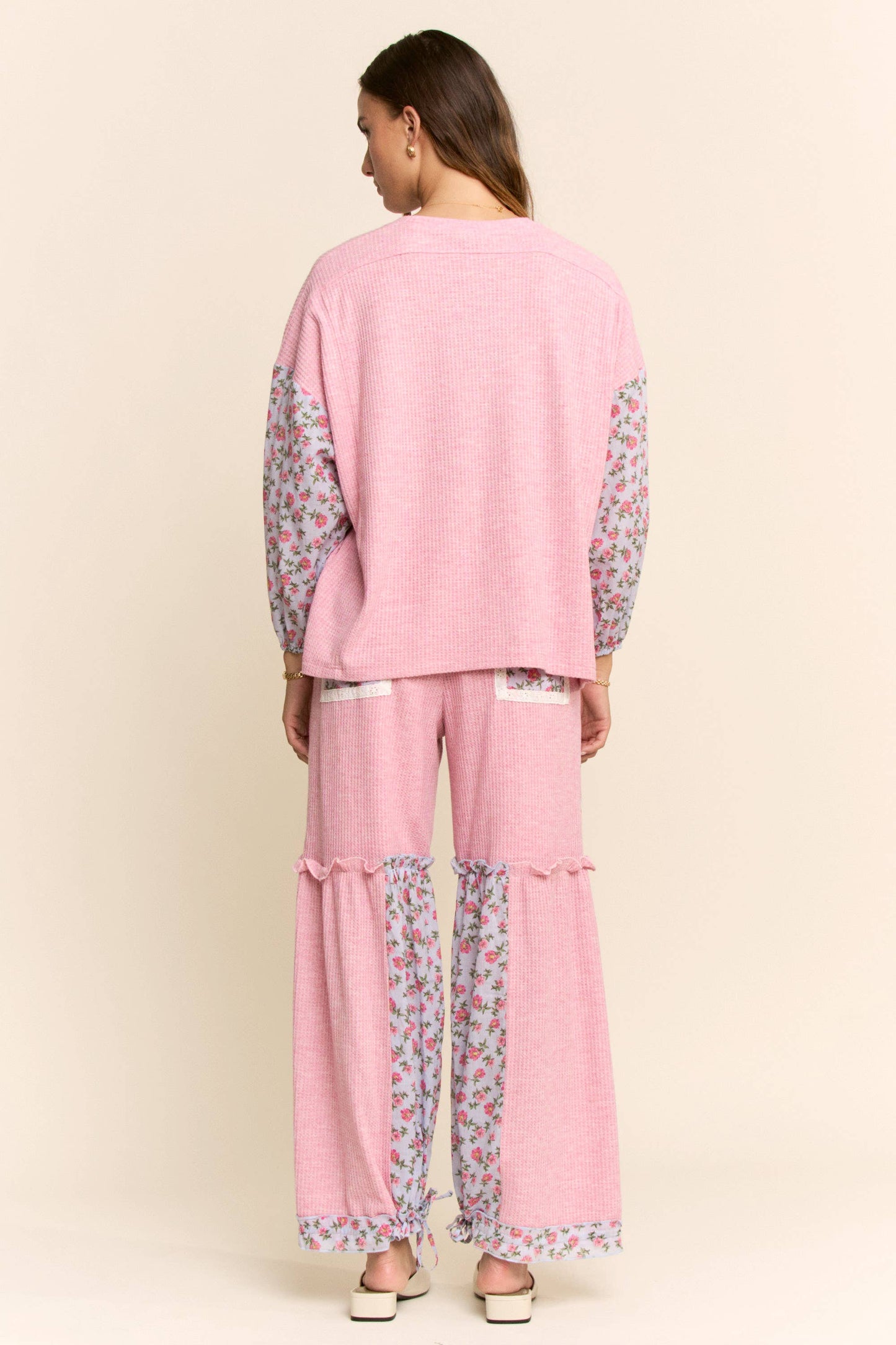 WAFFLE KNIT FLOWER PRINT LACE ELASTIC WAIST PANT