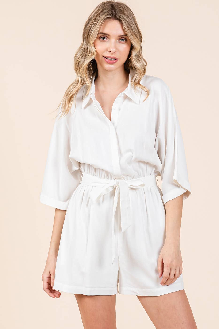LINEN TIE BELT BUTTON DOWN COLLARED ROMPER