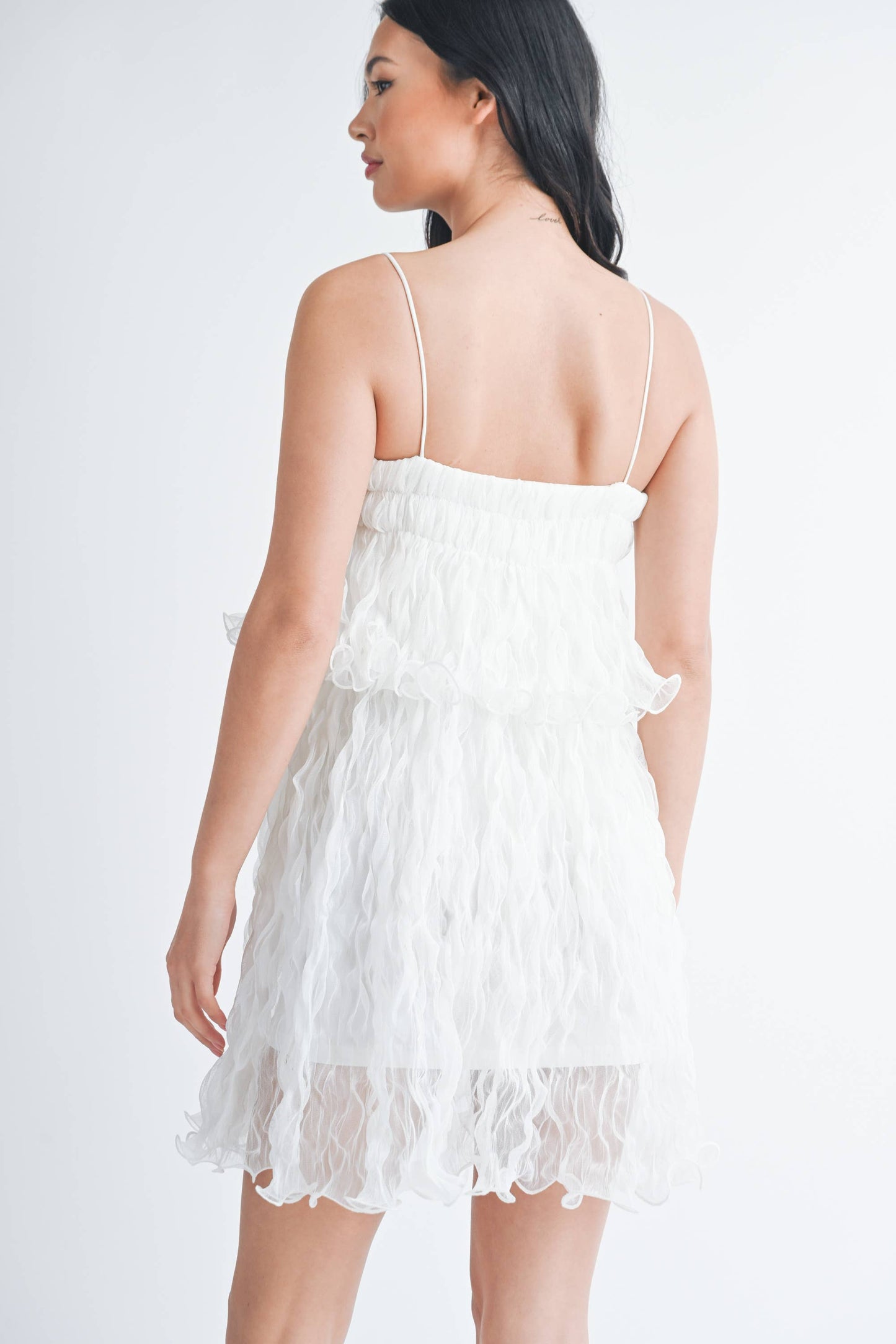 PLEATED TULLE RUFFLED TIERED MINI DRESS