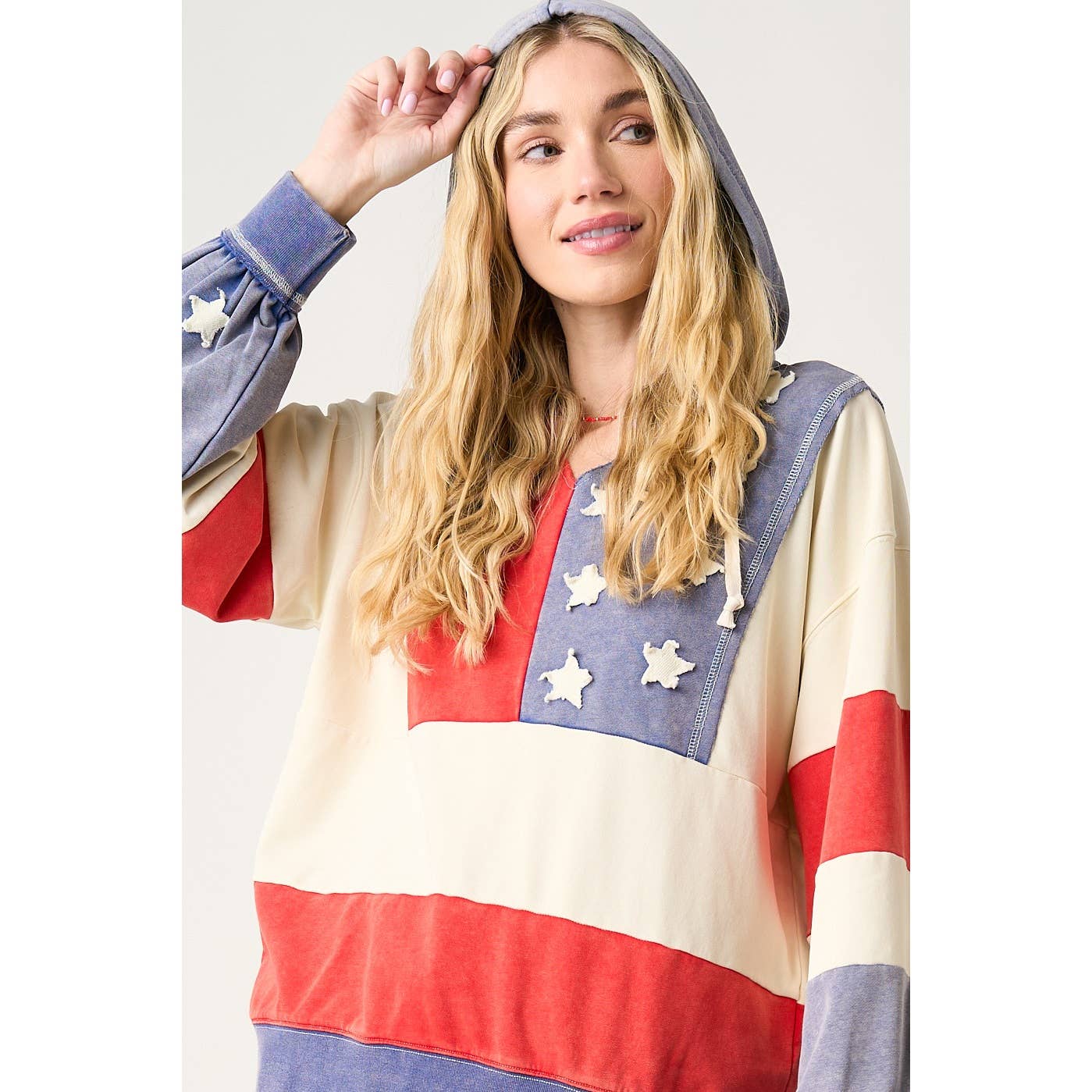 AMERICAN FLAG PATCHWORK COLOR BLOCK HOODIE TOP