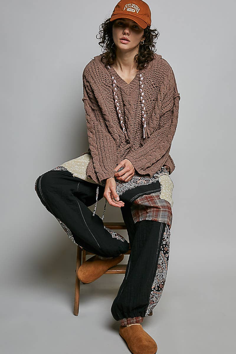 Oversized hooded cable knit chenille sweater