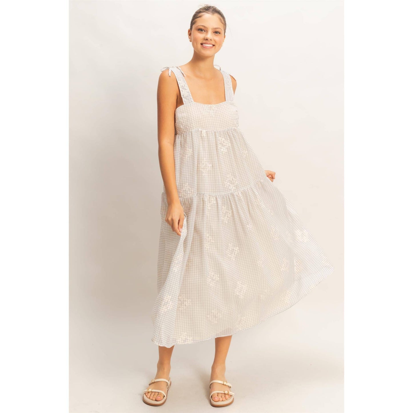 Tiered Gingham Dress With Embroidery