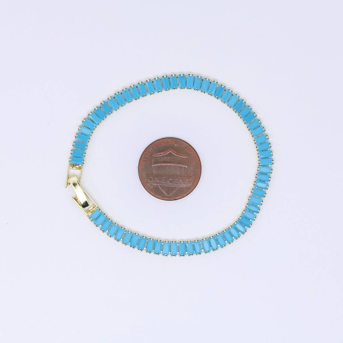 24K Gold Filled 5mm Blue Turquoise Baguette 7 Inches Tennis Chain Bracelet | WA-3823