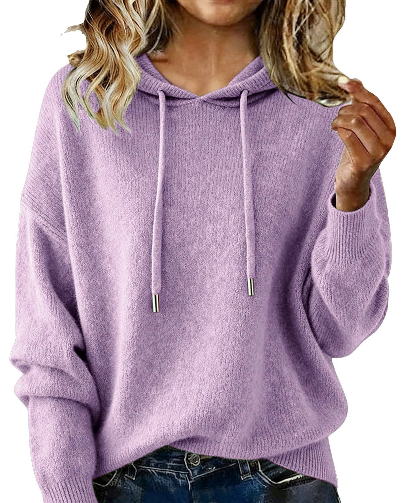 Cozy Solid Drawstring Hooded Knit Sweater