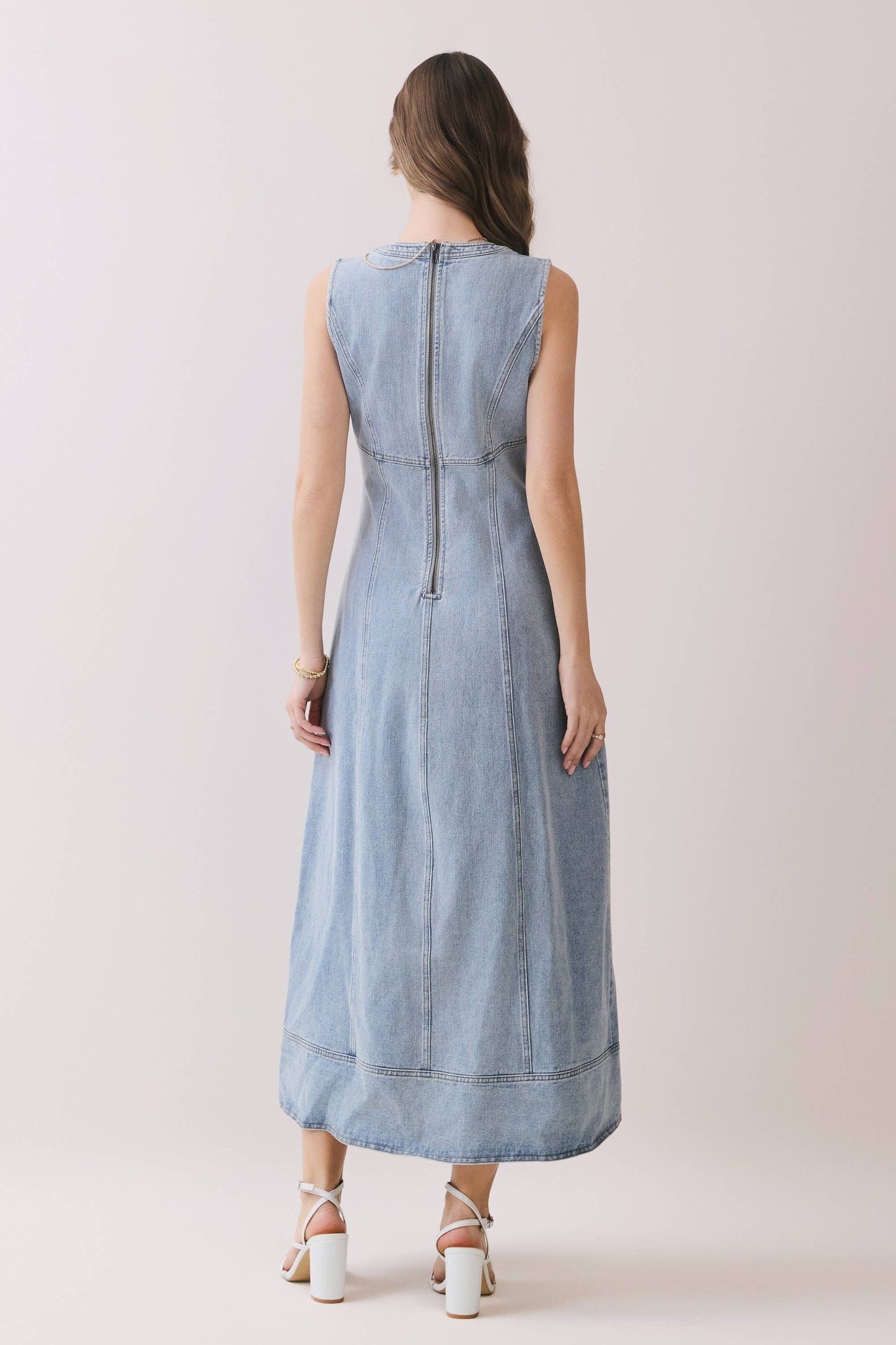 Sleeveless Paneled Front Slit Detail Denim Mid Dress