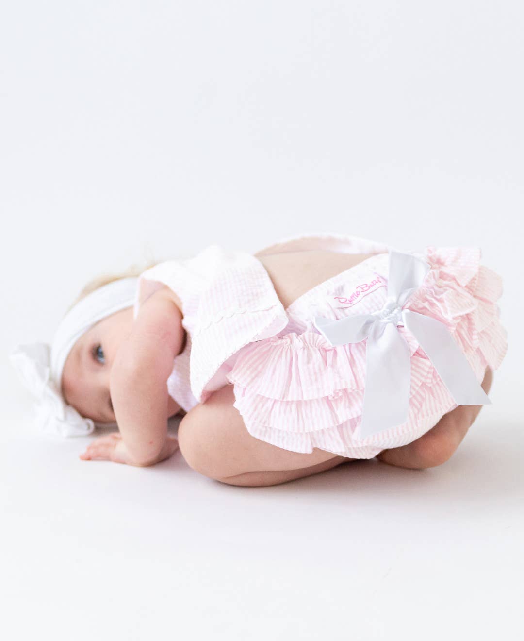 Baby Girls Pink Seersucker Ric Rac Swing Top & Ruffle Bloomer Set