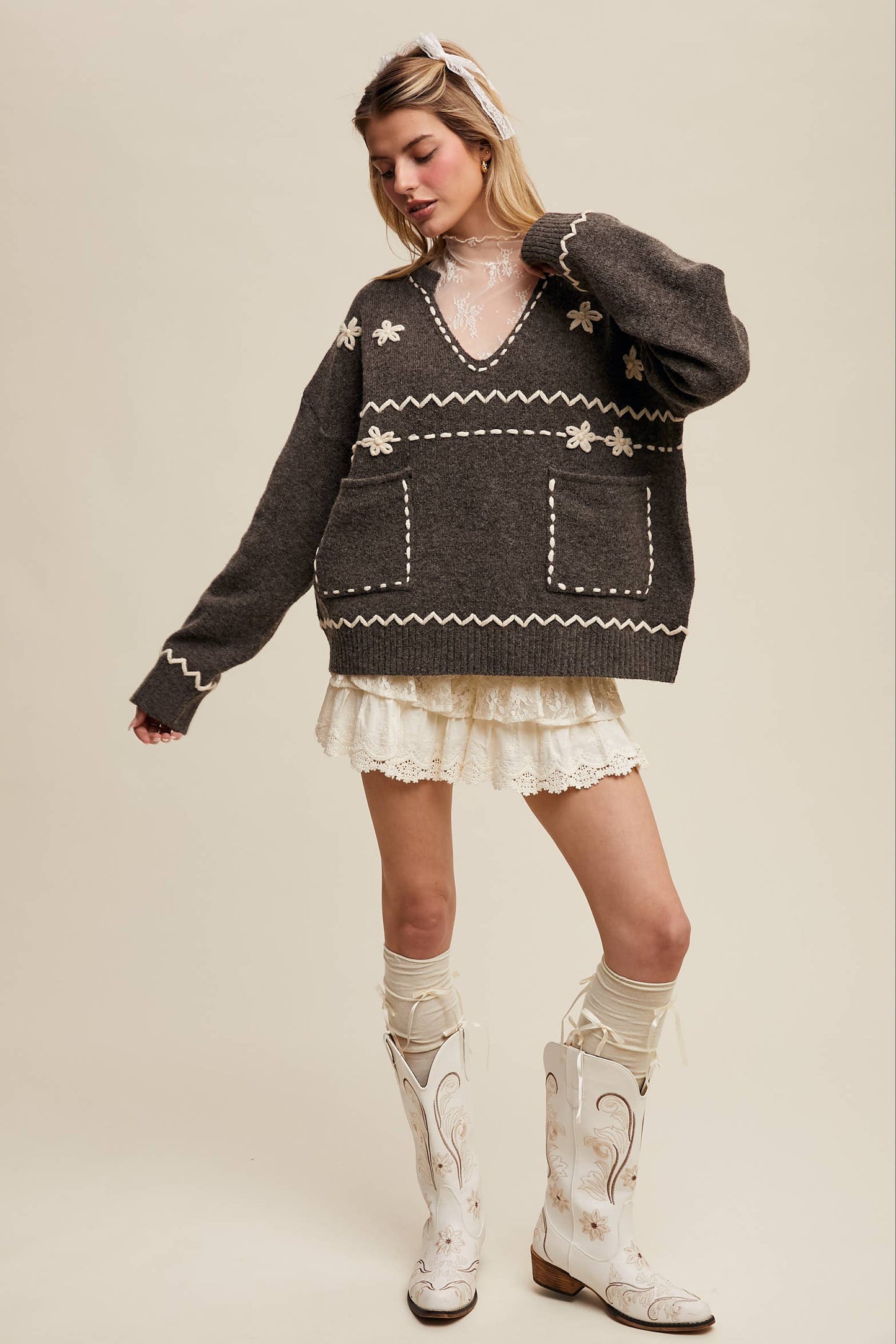 Floral Embroidered Knit Sweater LSW0978