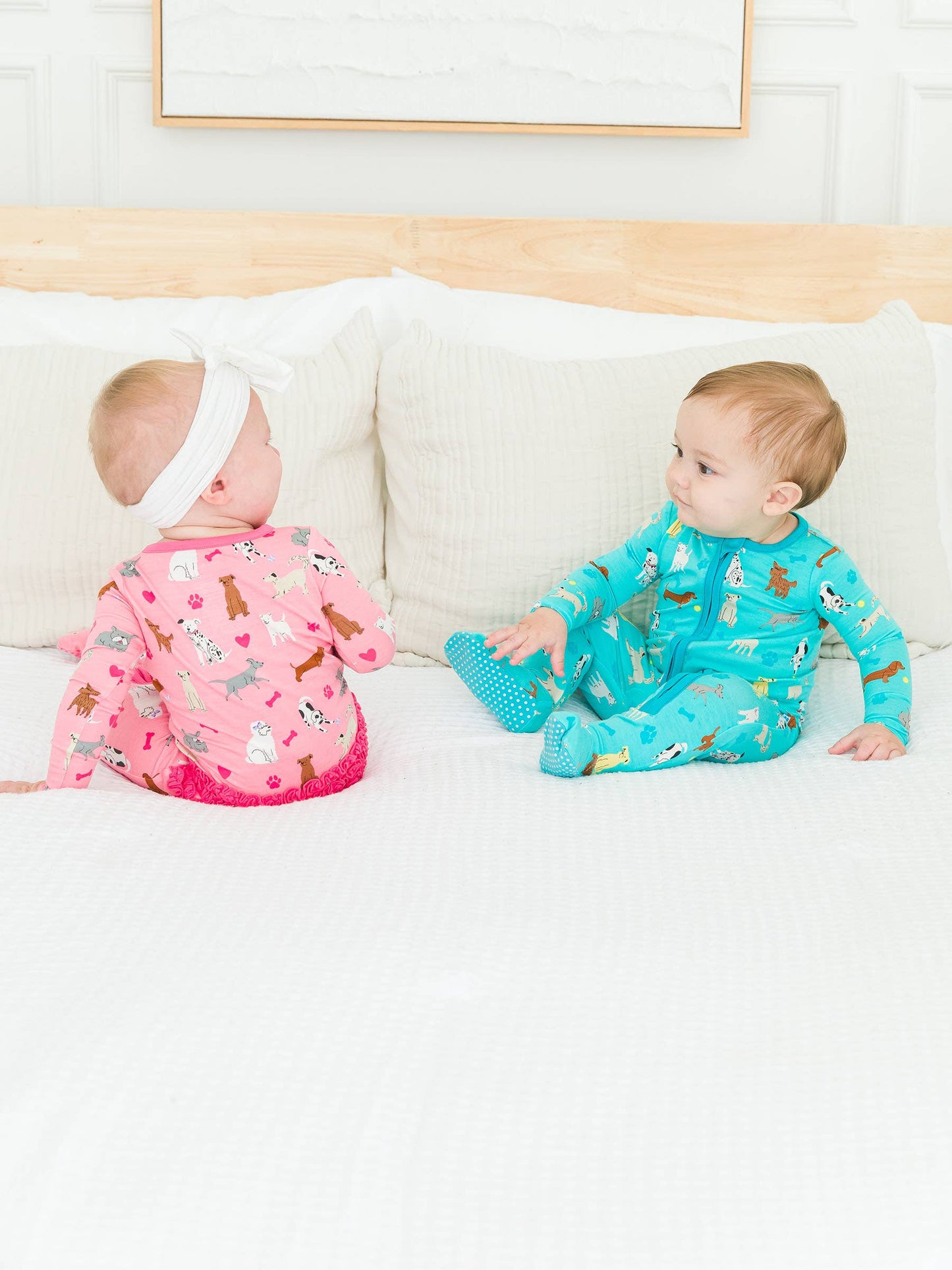 SoftSnooze™ Baby Girls Bamboo Viscose Pink Puppy Playtime Footed Ruffle One Piece Pajama
