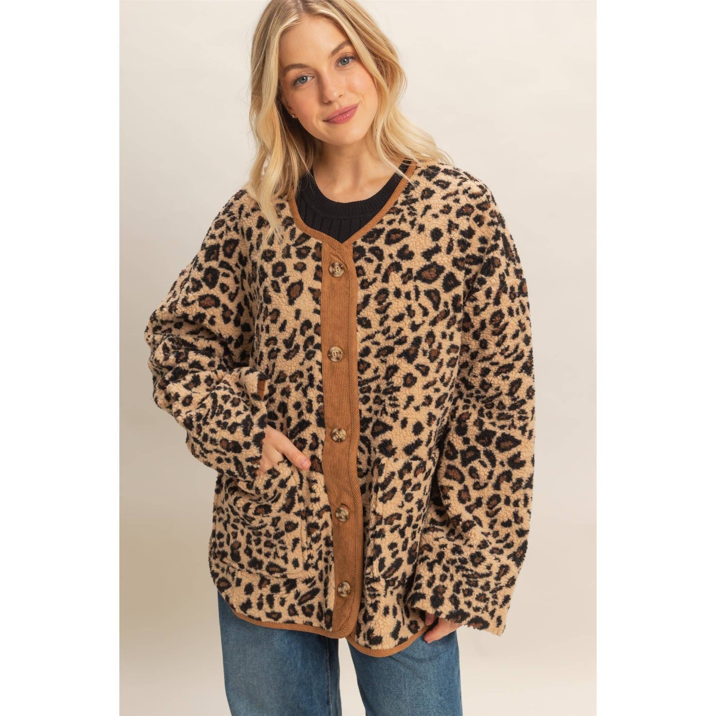 Button Front Leopard Sherpa Jacket