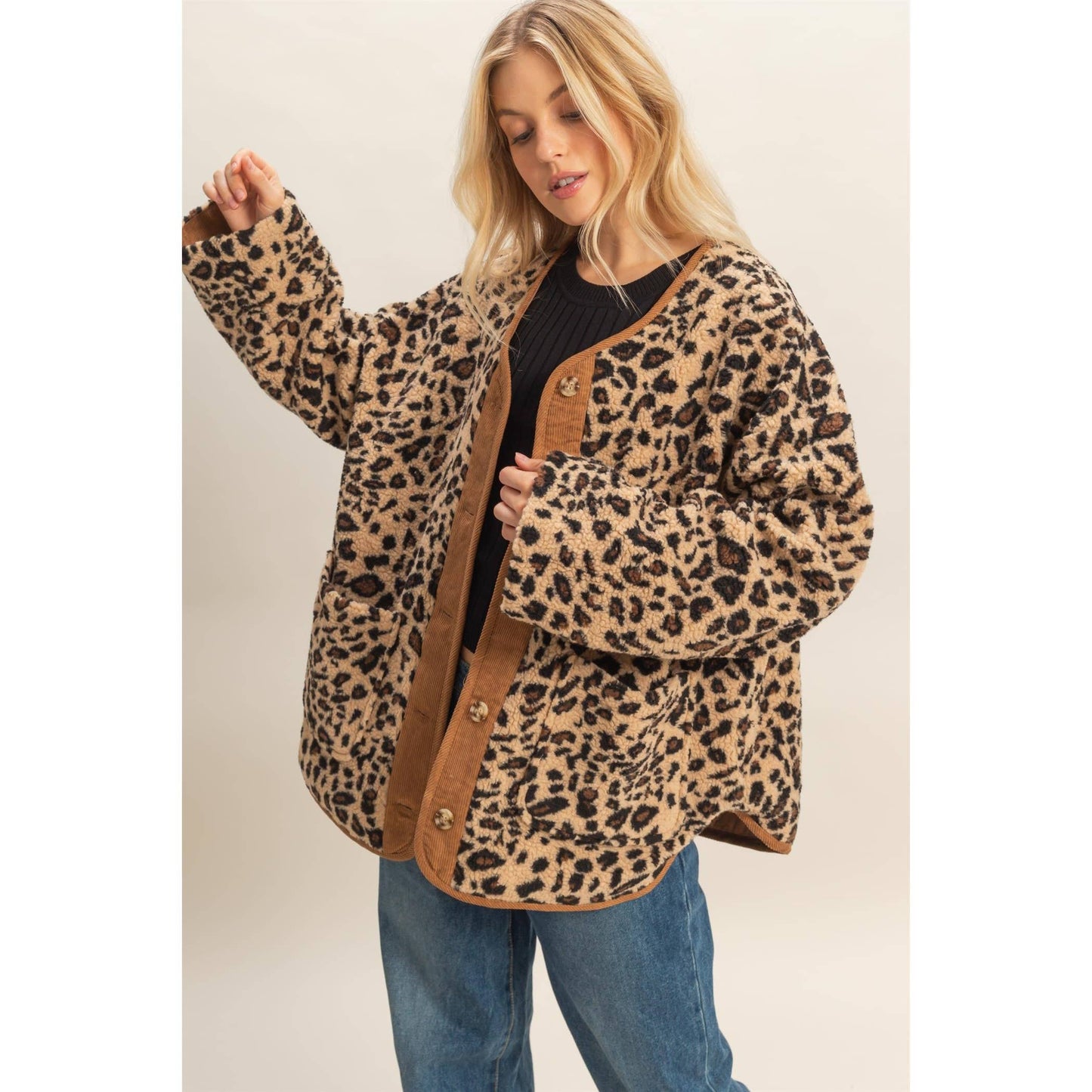 Button Front Leopard Sherpa Jacket