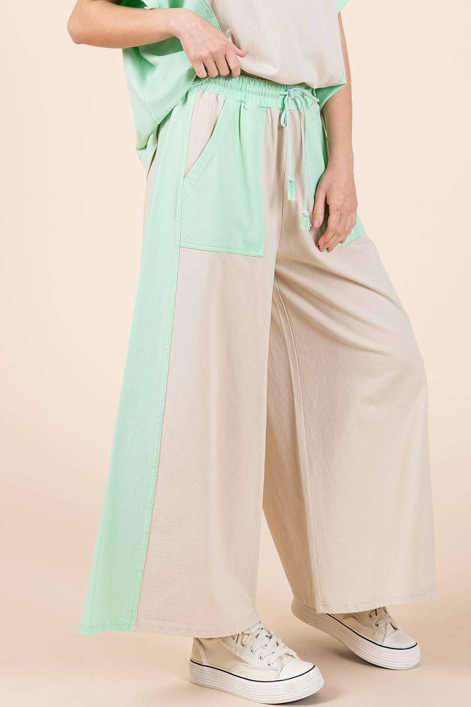 FRENCH TERRY WIDE LEG COLOR BLOCK PANTS