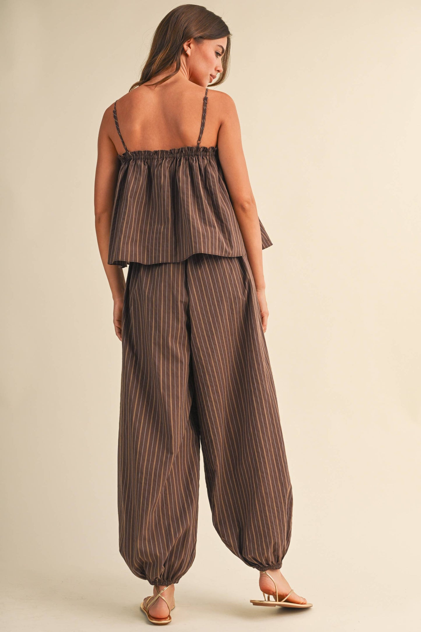 STRIPED SLEEVELESS FLOWY TOP BALLOON PANT JUMPSUIT