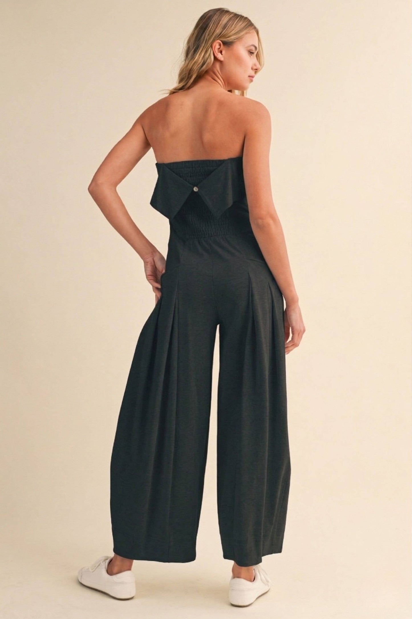 FOLDOVER STRAPLESS SMOCKED BACK PLEATED BARREL JUMPSUIT