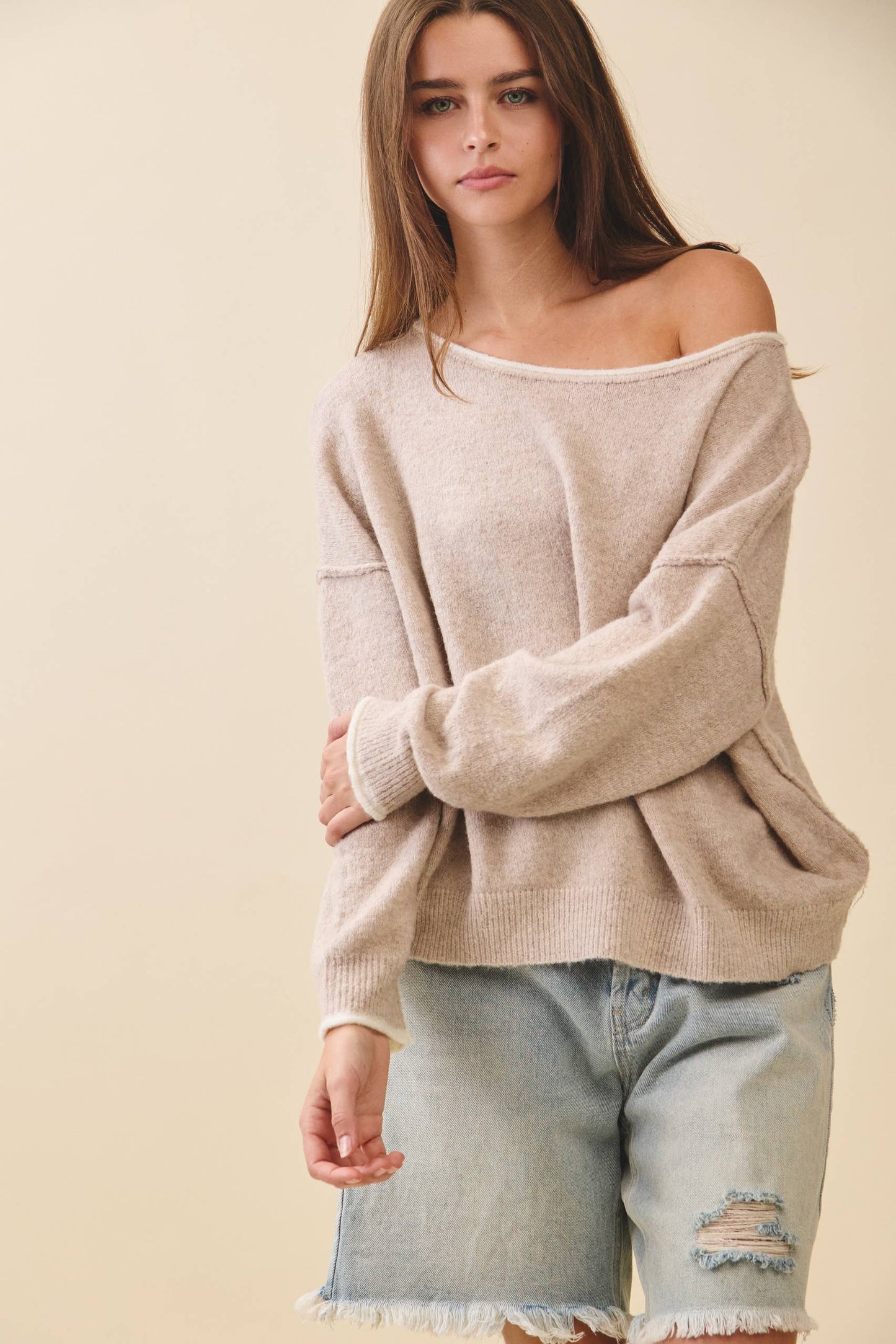 Relaxed Drop Shoulder Fuzzy Knit Pullover Sweater