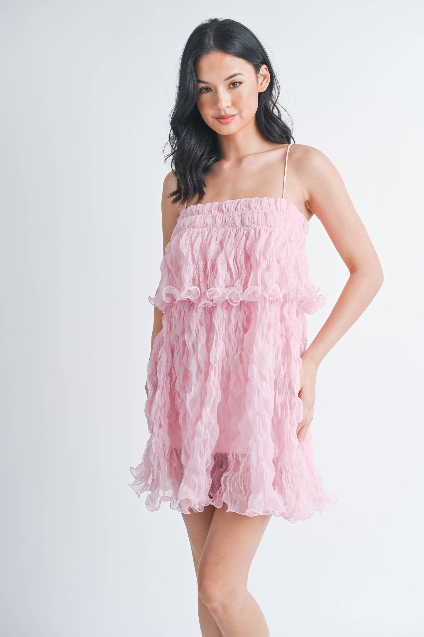 PLEATED TULLE RUFFLED TIERED MINI DRESS