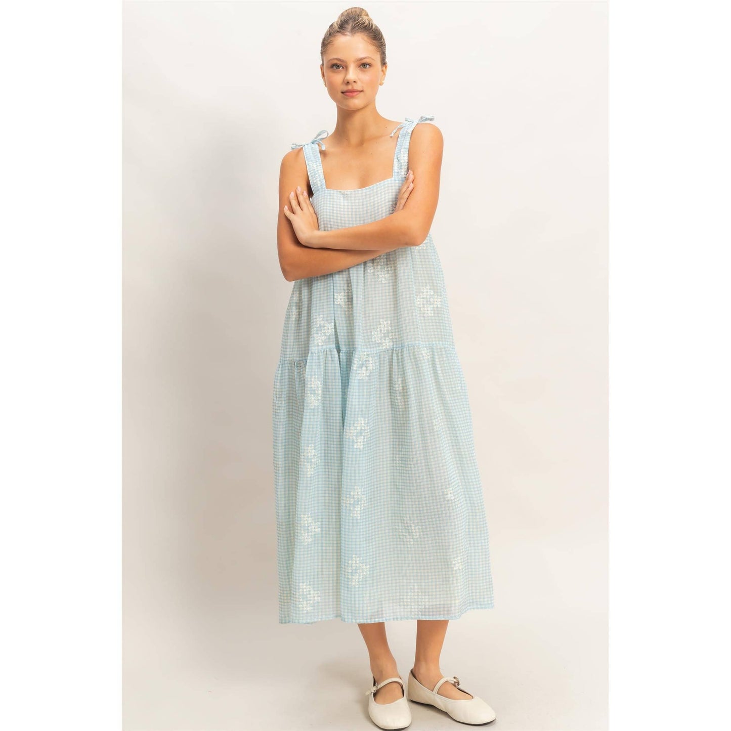 Tiered Gingham Dress With Embroidery