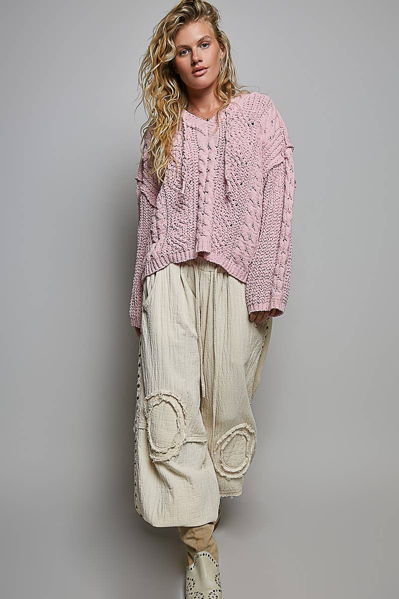 Oversized hooded cable knit chenille sweater