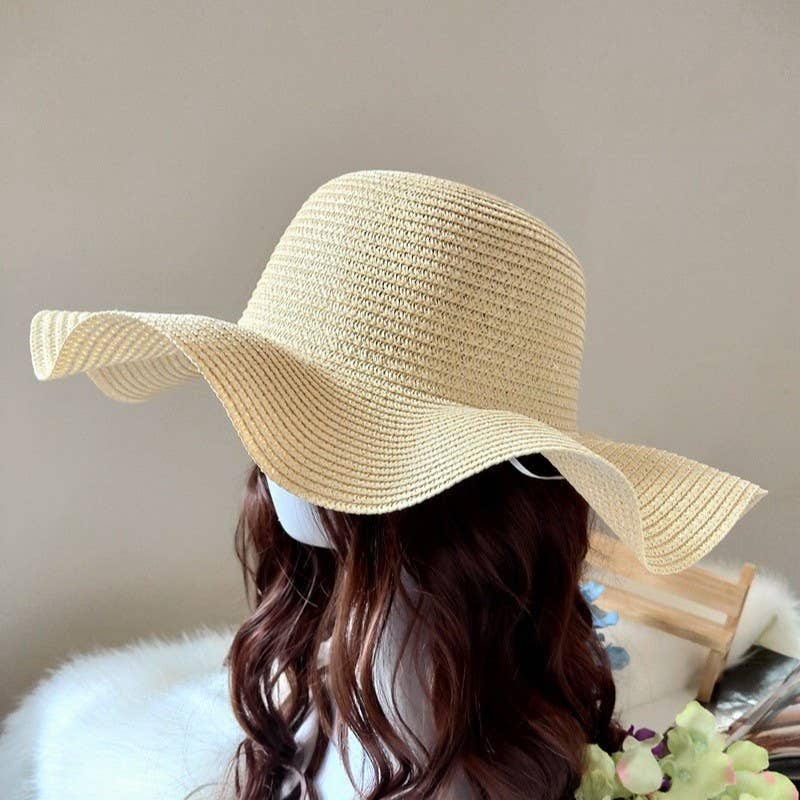 Summer Bow Ribbon Wide Brim Wave Straw Hat