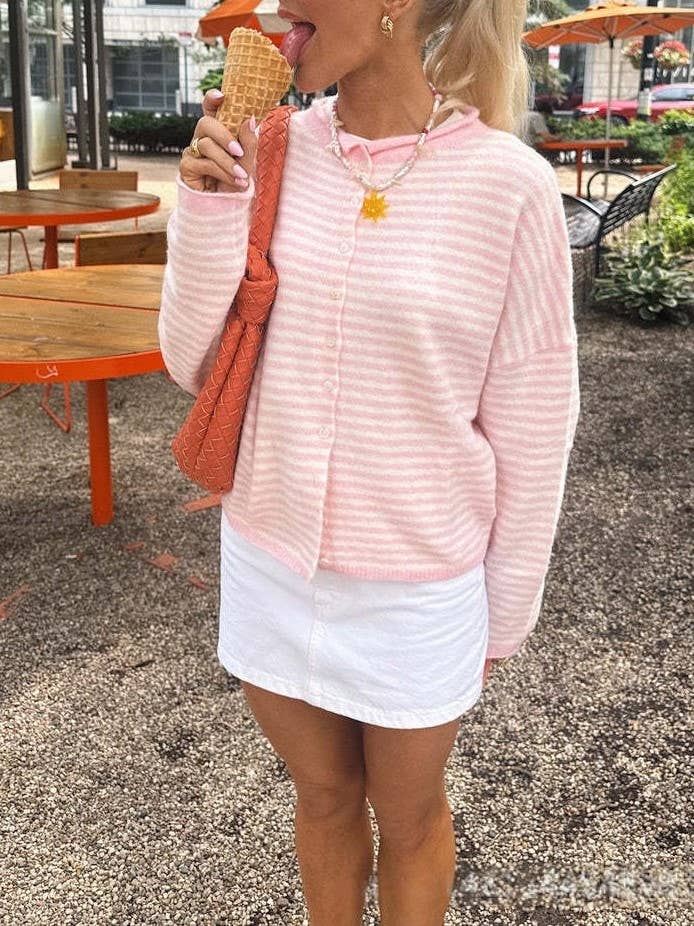 Lightweight Cozy roll neck cardigan in stripe