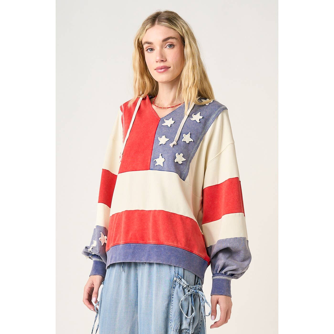 AMERICAN FLAG PATCHWORK COLOR BLOCK HOODIE TOP