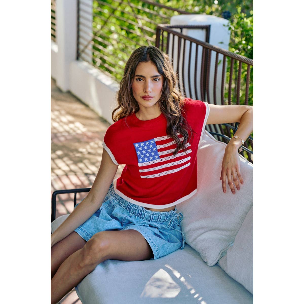 4TH OF JULY MOCK NECK KNITTED DOLMAN TOP WITH CONTRAST BAND