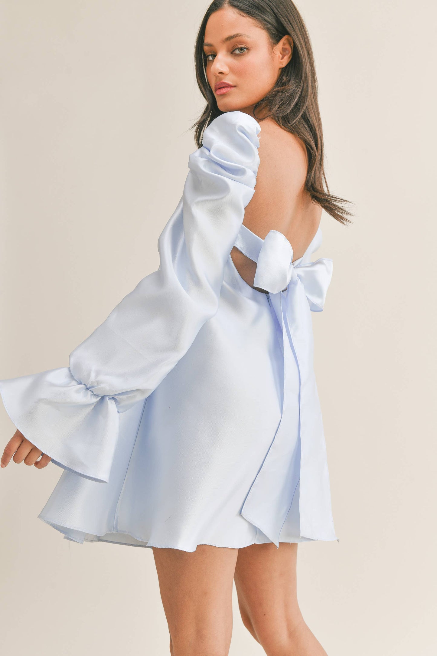 BABYDOLL DRESS WITH LONG BELL PUFF SLEEVES AND BOW