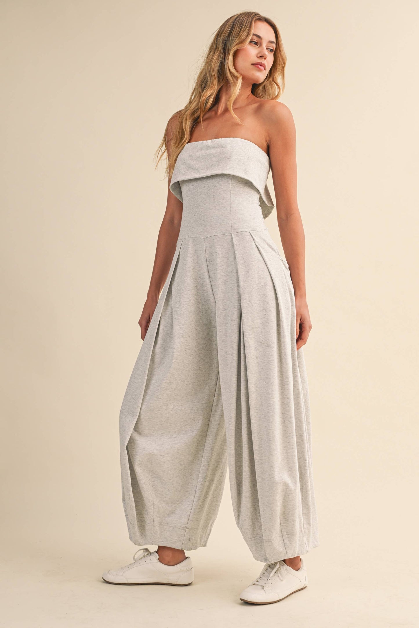 FOLDOVER STRAPLESS SMOCKED BACK PLEATED BARREL JUMPSUIT