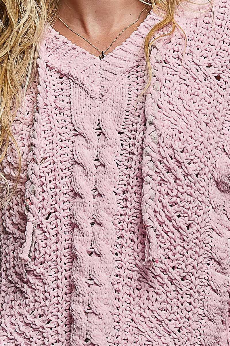Oversized hooded cable knit chenille sweater