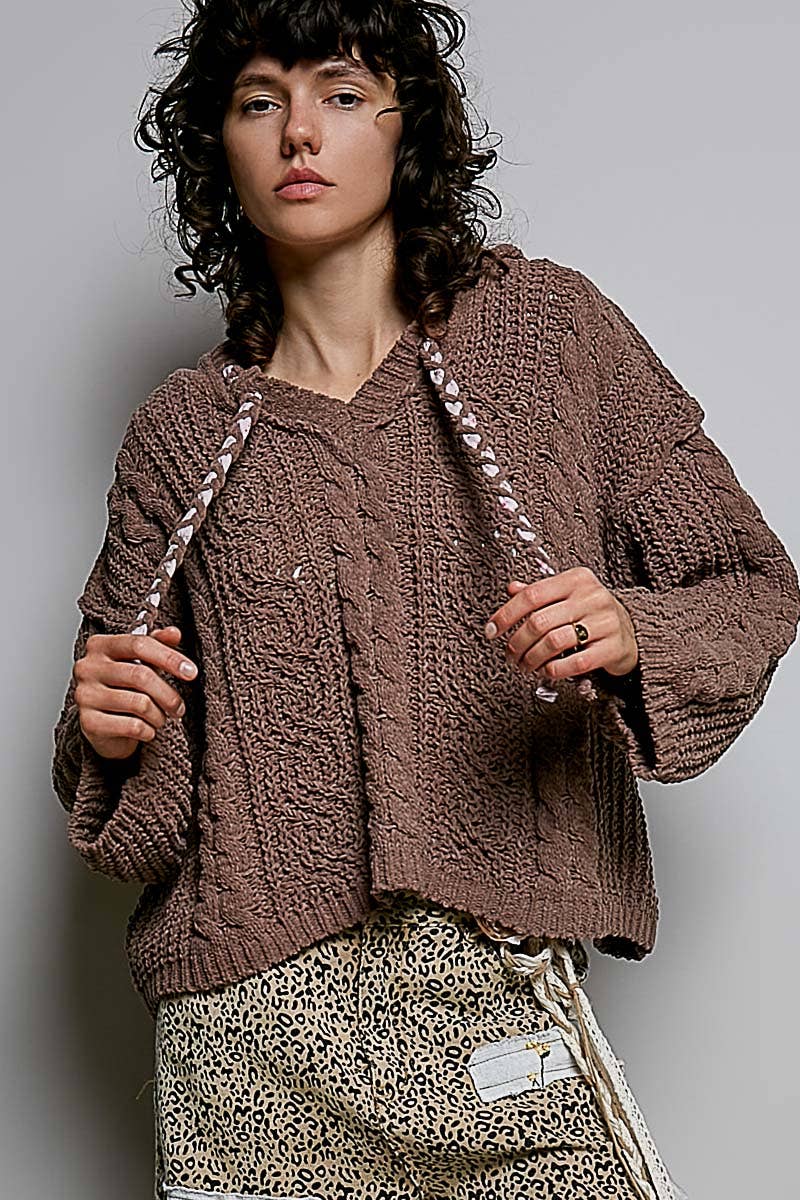 Oversized hooded cable knit chenille sweater