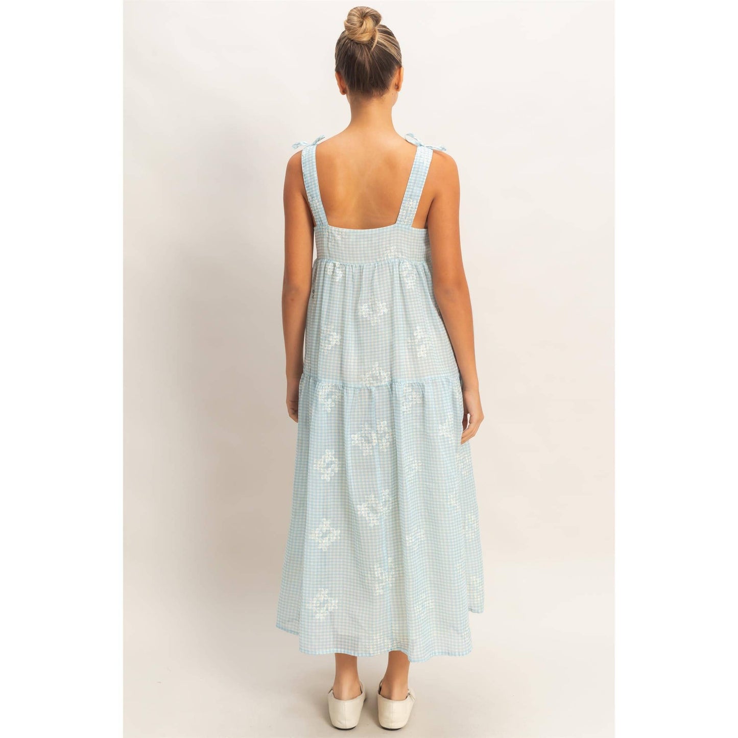 Tiered Gingham Dress With Embroidery
