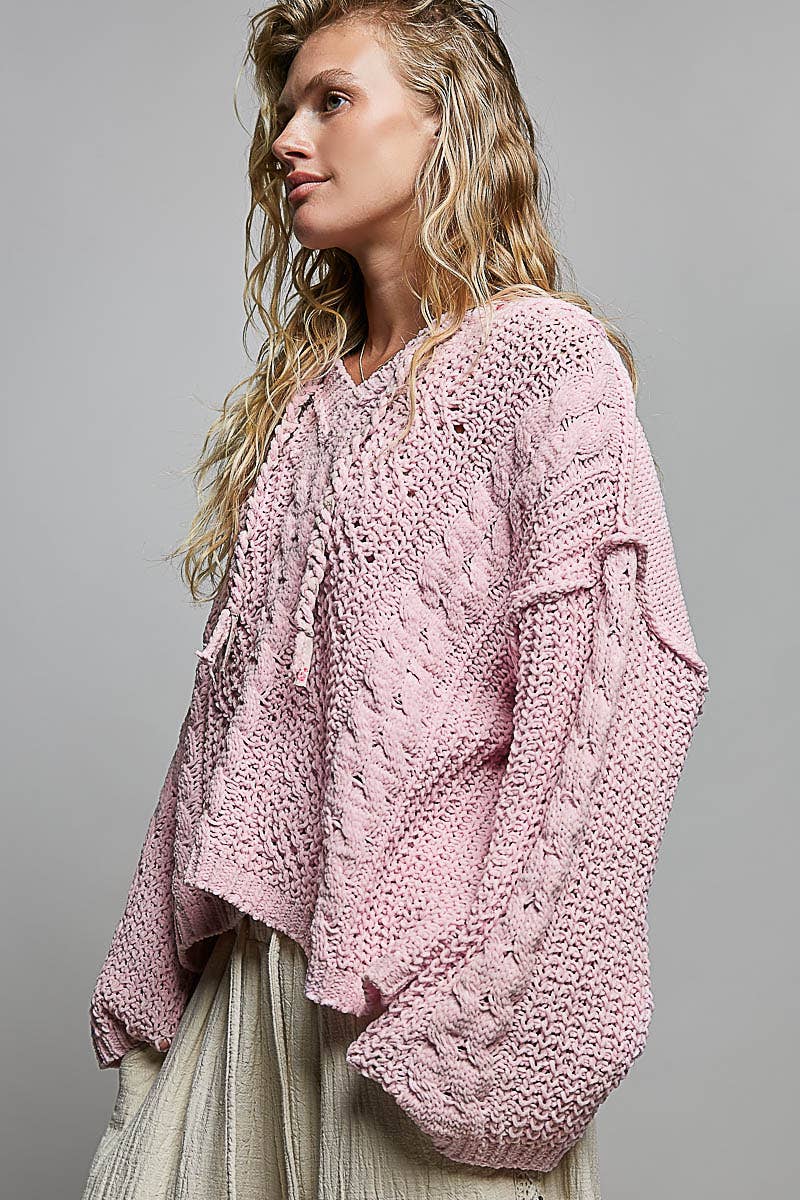 Oversized hooded cable knit chenille sweater