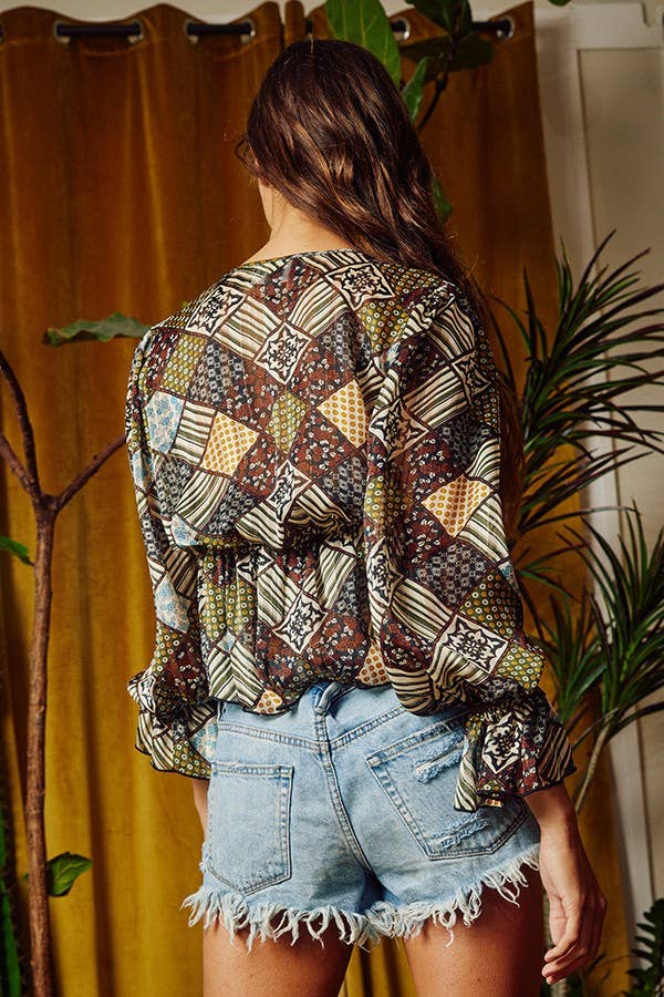 T1831B | [OUTLET SALE] Patchwork Print Sheer Flowy Top