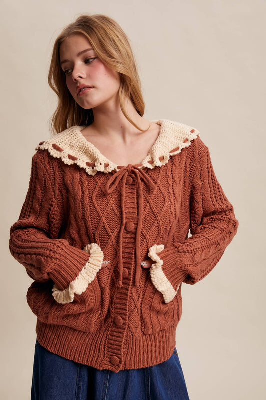 Two-Tone Crochet Collar Cable Knit Cardigan