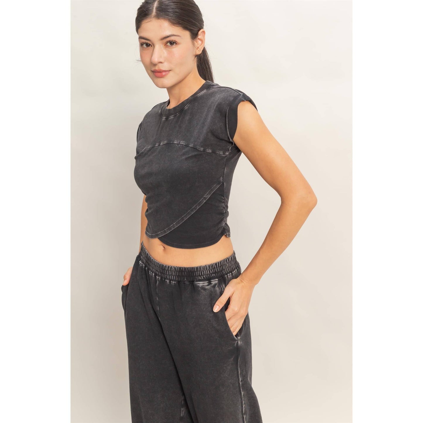 Rolled Sleeve Wrap-Front Crop Top And Jogger Set