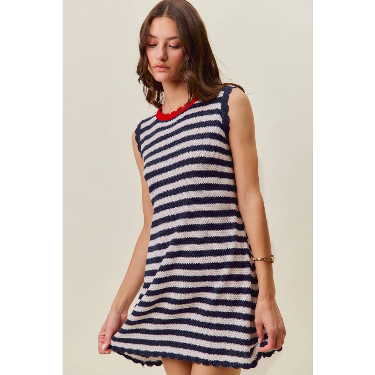 SCALLOP EDGE STRIPE SWEATER KNIT MINI DRESS