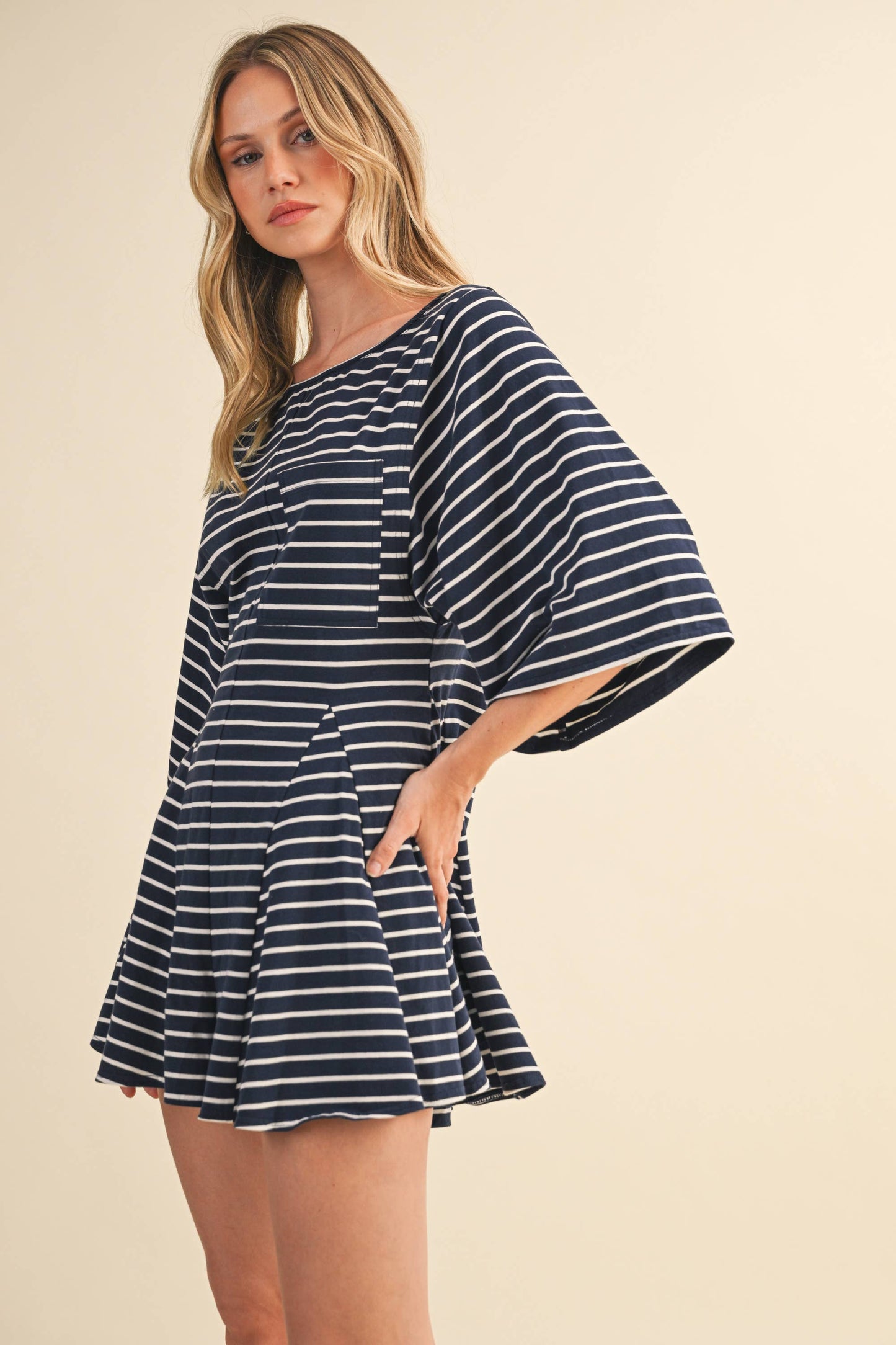 STRIPED FRONT POCKET GODET FLOWY ROMPER
