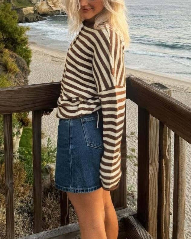 Lightweight Cozy roll neck cardigan in stripe