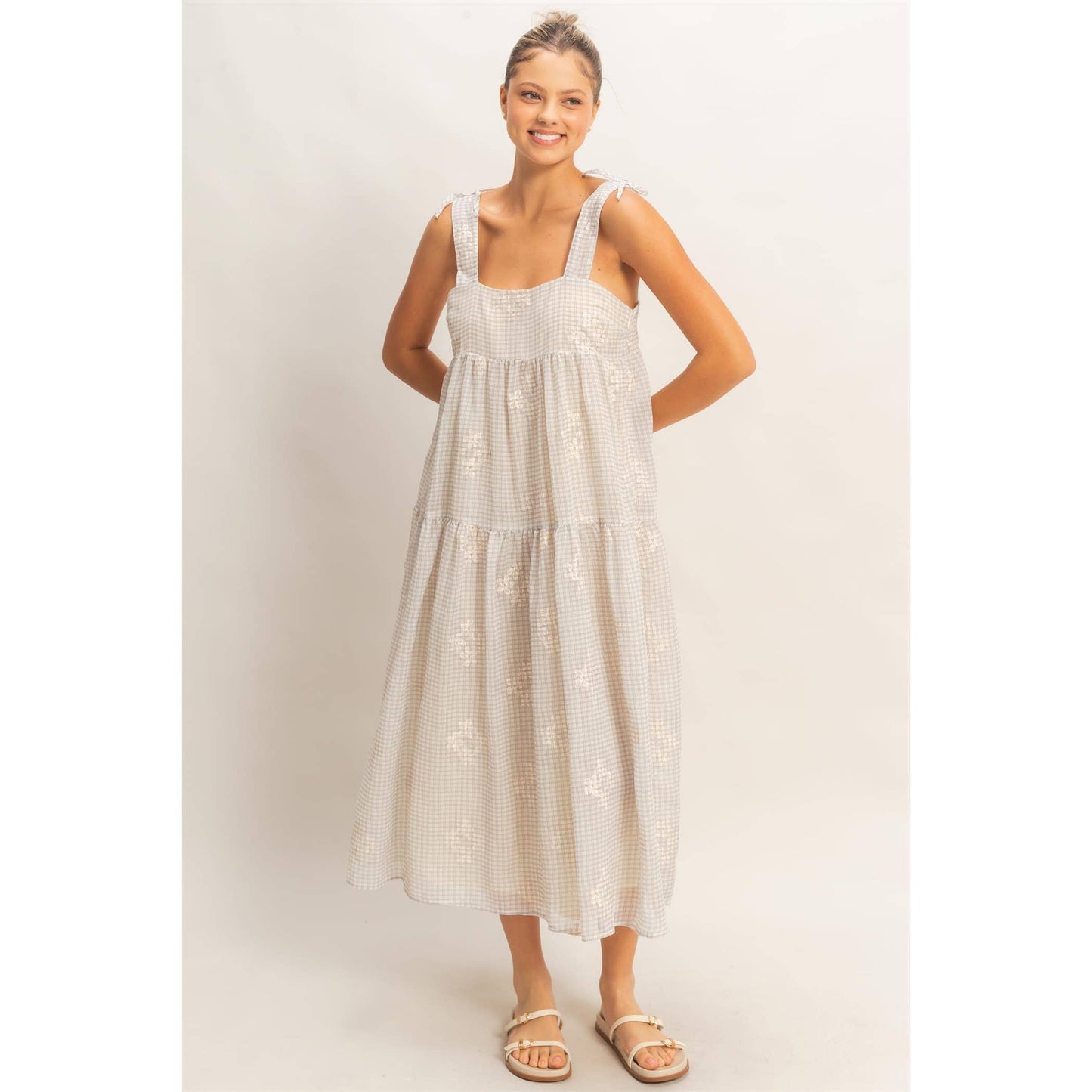 Tiered Gingham Dress With Embroidery