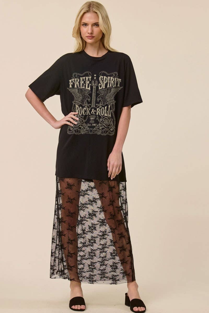 Free Spirit Rock & Roll Graphic Floral Lace Tshirt Dress