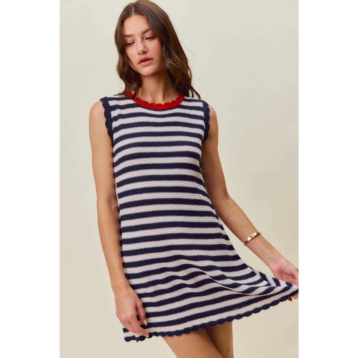 SCALLOP EDGE STRIPE SWEATER KNIT MINI DRESS