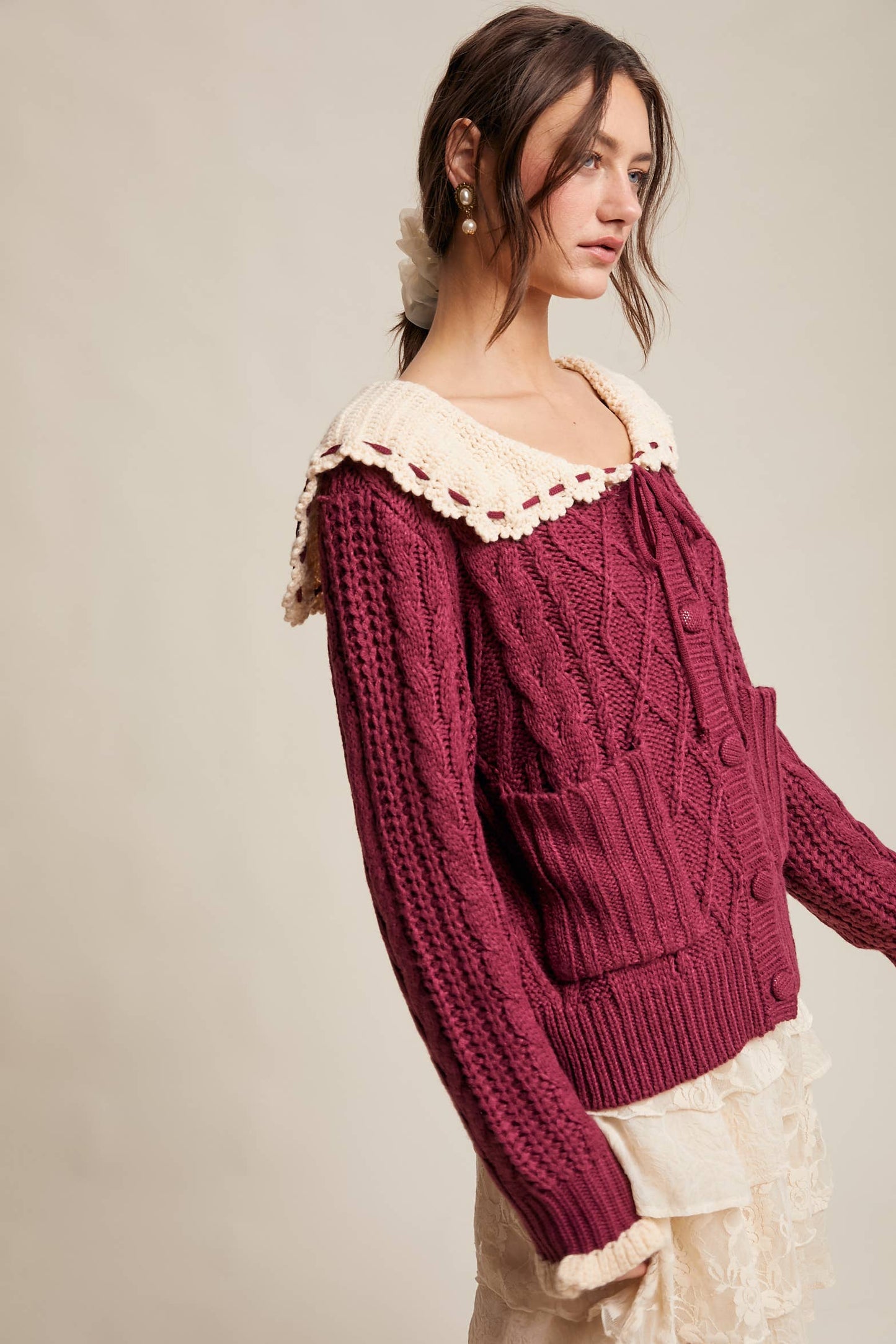 Two-Tone Crochet Collar Cable Knit Cardigan