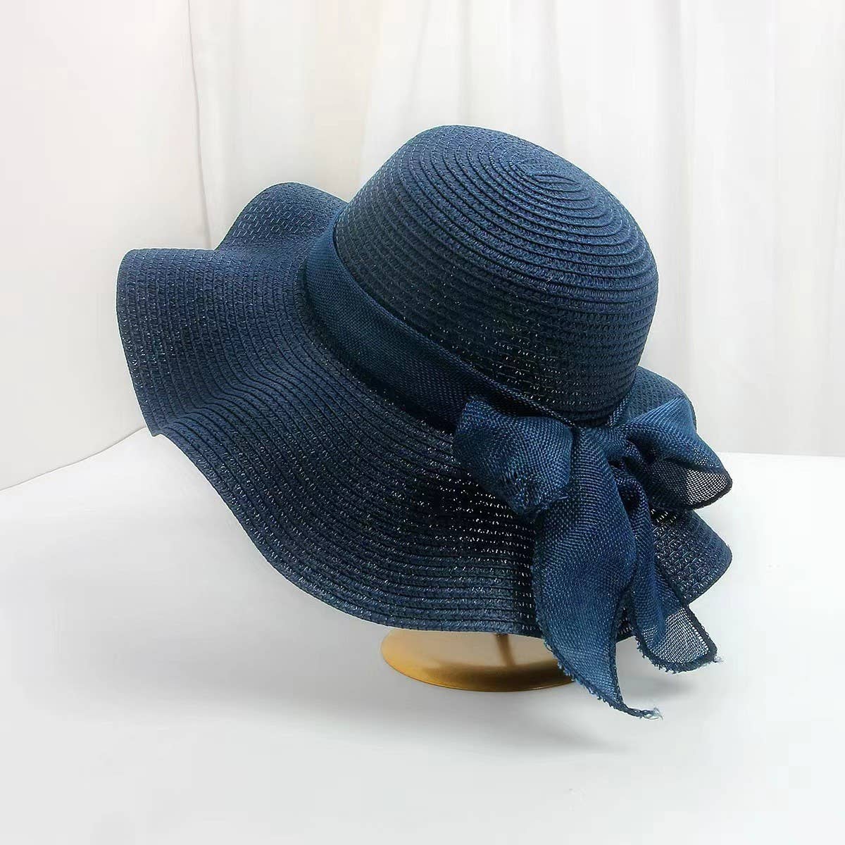 Summer Bow Ribbon Wide Brim Wave Straw Hat