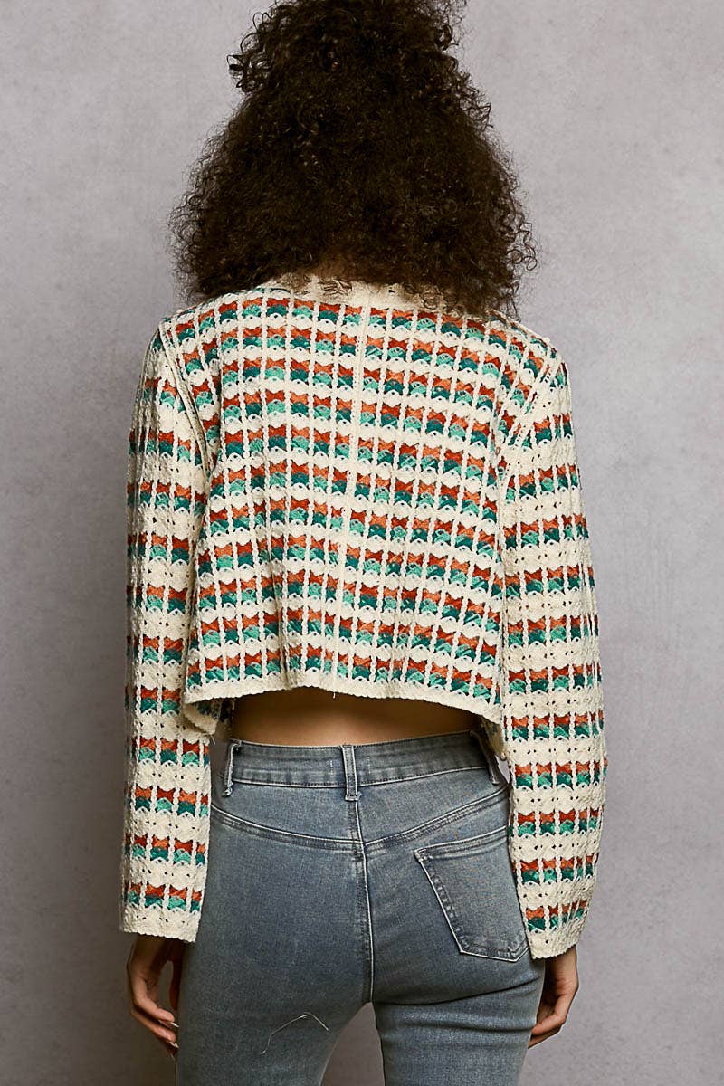 Scalloped Crochet V-Neck Long Sleeve Cardigan Top