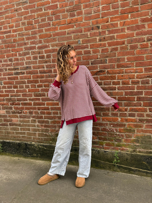 Stripe Ribbed Trim Drop Shoulder Long Sleeve Oversize Top