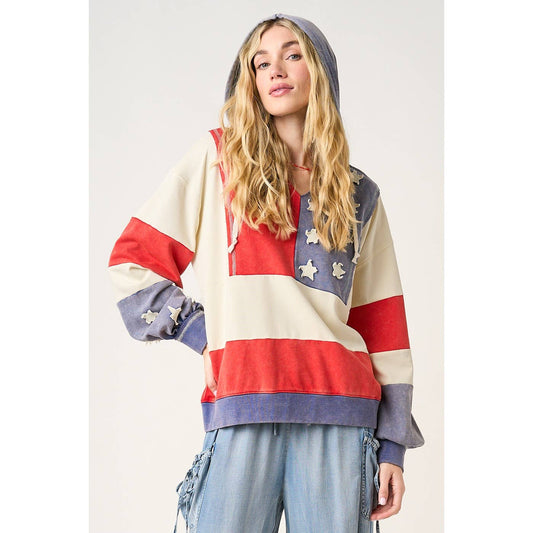 AMERICAN FLAG PATCHWORK COLOR BLOCK HOODIE TOP