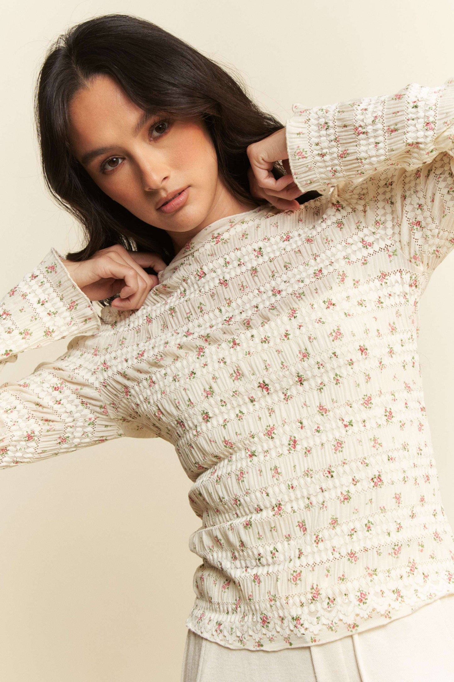 FLORAL PRINT MOCK NECK LONG SLEEVES KNIT TOP