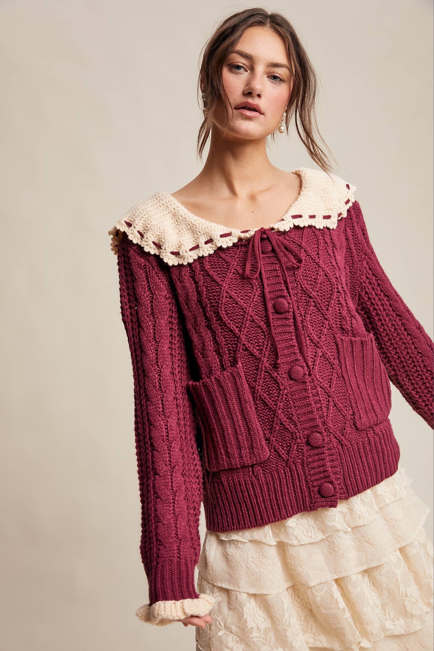 Two-Tone Crochet Collar Cable Knit Cardigan