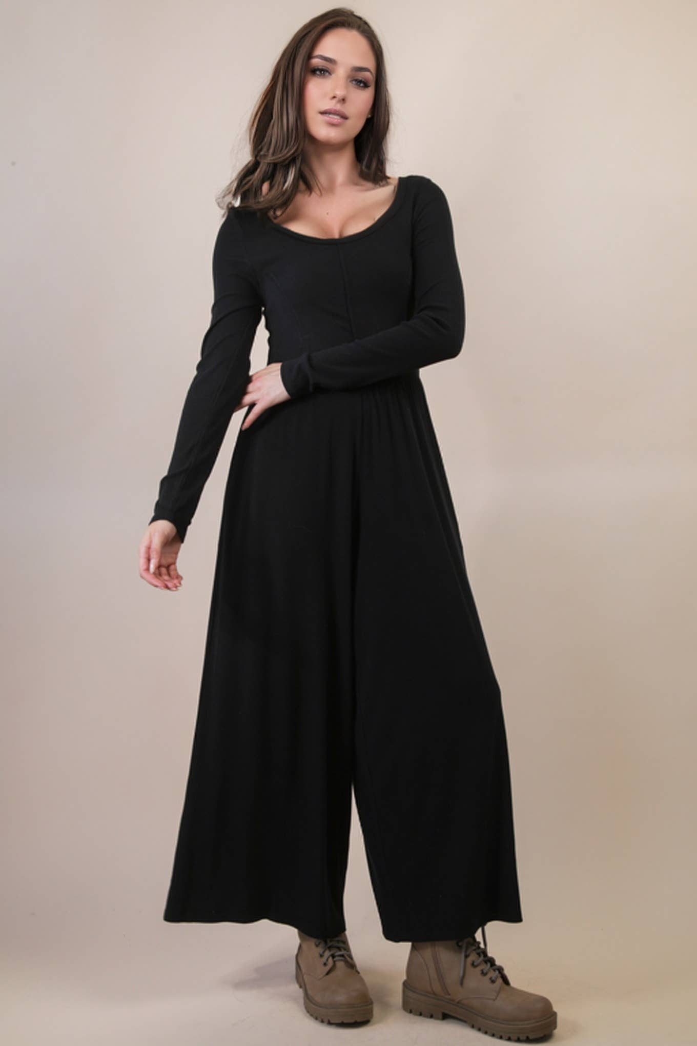 NP70910-Wide Leg Solid Knit Casual Jumpsuit
