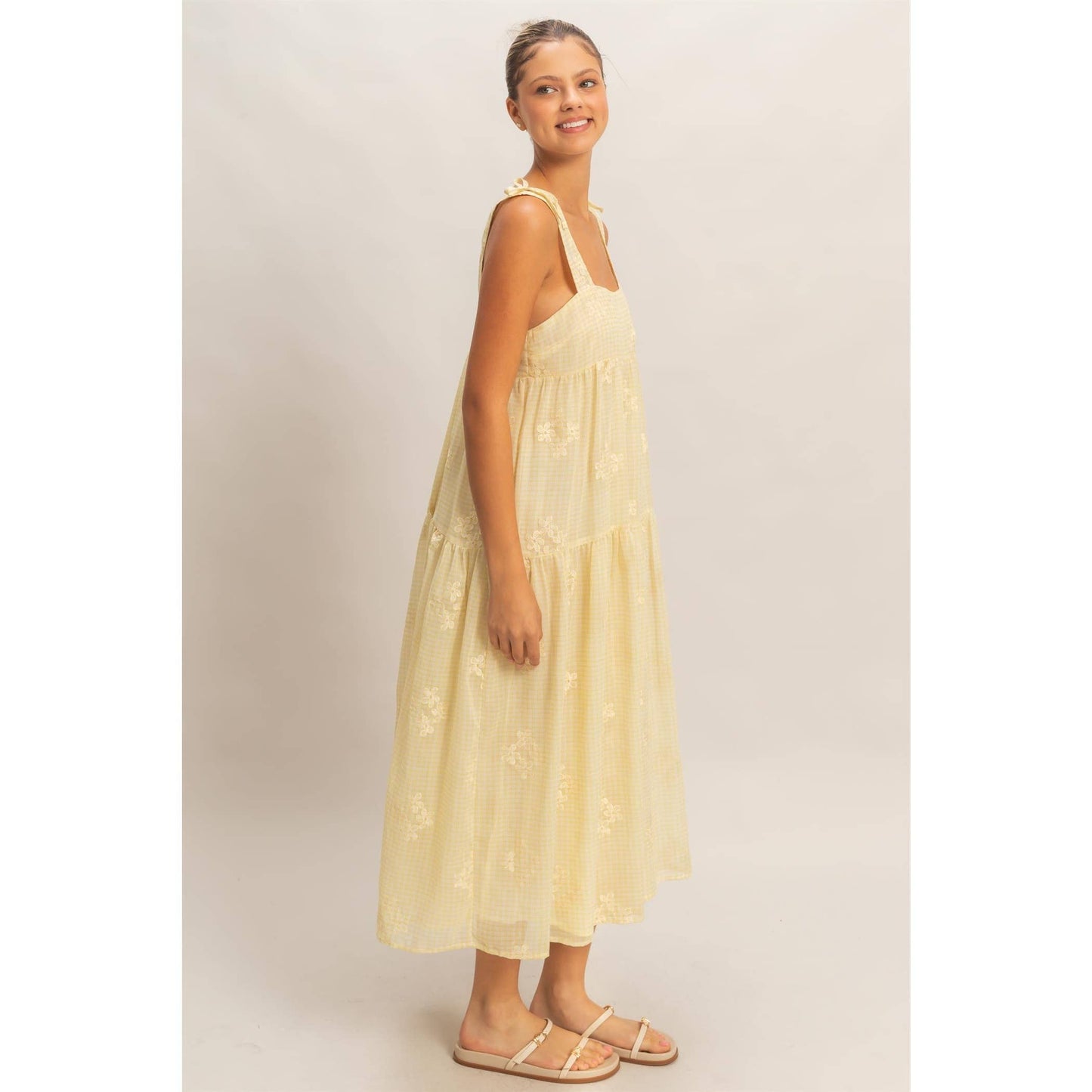 Tiered Gingham Dress With Embroidery